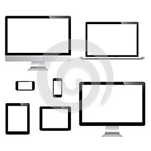 Laptop, smartphone, tablet, computer, display isolated on white background