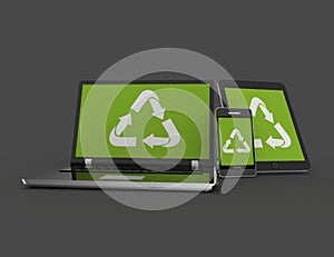 Laptop smartphone and tablet pc with recycle sign . 3d rendered illustration
