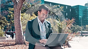 Laptop, smile and businessman in urban city, remote working and outdoors. Technology, freelancer and happy Japanese male