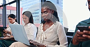 Laptop, smile and woman employee in workshop or seminar for growth, training and development. Computer, learning and