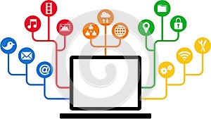 Laptop & Social Media icons, communication in the global computer networks