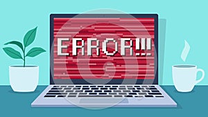 Laptop standing on a desk. Next to the laptop is a plant and a cup of coffee.