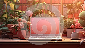 Laptop sorrunded by plants photo realistic illustration - Generative AI. photo