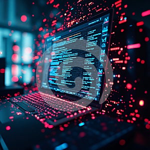 Laptop with Source Code on Screen and Cyber Data Flow