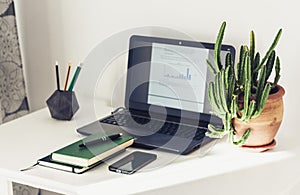 Laptop, stack of books, textbook, cactus plant in clay pot in office business background for education learning concept