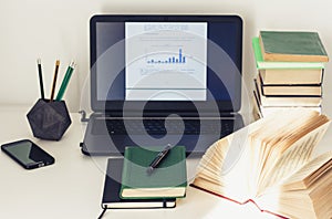 Laptop, stack of books, textbook, cactus plant in clay pot in office business background for education learning concept