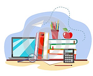 Laptop with stacks of books, an apple, pencils, a magnifying glass and a paper plane. Illustration in power flat