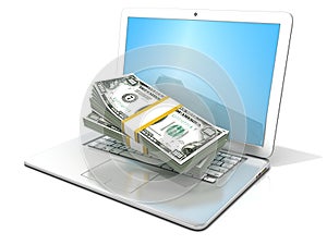 Laptop with stacks of hundreds dollars. Concept of online business - earning, banking and shopping