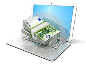 Laptop with stacks of hundreds euros . 3D rendering - concept of online business - earning, banking and shopping