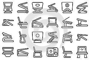 Laptop stand icons set outline vector. Compute work