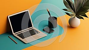 Laptop with stationery and plant decoration