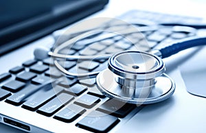 Laptop and Stethoscope for Medical Technology photo