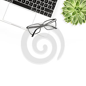 Laptop succulent white background Office workplace Flat lay social media