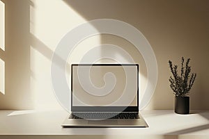Laptop on the table with aesthetic sunlight shadows. Mockup of modern computer with blank screen, cozy workspace with open