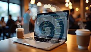 Laptop on table with illuminated screen