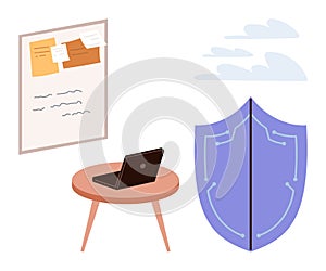 Digital Protection Concept with Laptop, Shield, and Workspace Elements