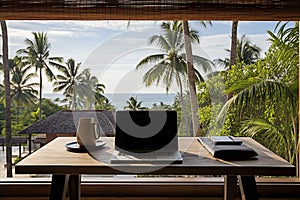 Laptop on the table of an open veranda overlooking the tropics. freelancer office