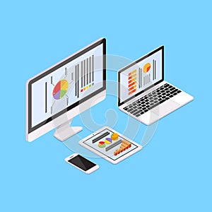 Laptop Tablet Computer Cell Smart Phone With Finance Pie Diagram