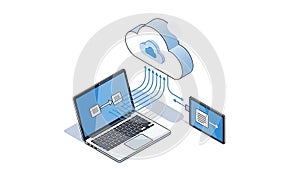 A laptop and tablet connected to a cloud storage system for data transfer