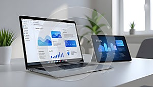 Laptop and Tablet Displaying Business Analytics on Bright Modern Workspace