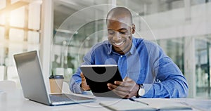 Laptop, tablet and happy with a business black man in the office for research on a company project. Computer, technology