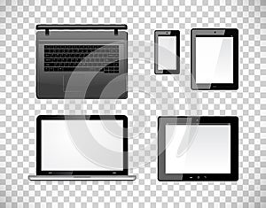 Laptop, tablet pc computer and mobile smartphone with a blank screen. Isolated on a checkered transparency background