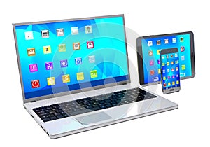 Laptop, tablet pc and mobile phone on white background.