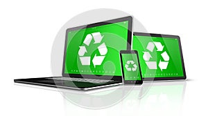 Laptop tablet PC and smartphone with a recycling symbol on scree