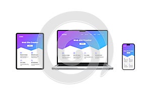 Laptop, tablet, and phone displays feature responsive website creator interfaces