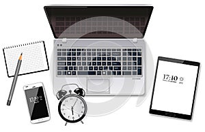Laptop, tablet and smart phone Vector realistic. New technology gadgets. Top view. Detailed 3d illustrations