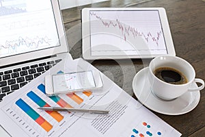 Laptop, tablet ,smartphone with financial documents on wooden table