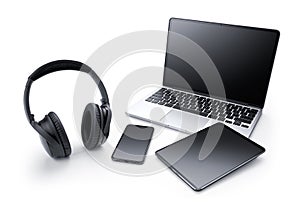 Laptop, tablet, smartphone and headphone