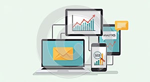 Laptop, tablet, and smartphone visuals represent