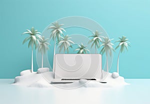 laptop travel computer beach tropical concept tree palm summer vacation. Generative AI.