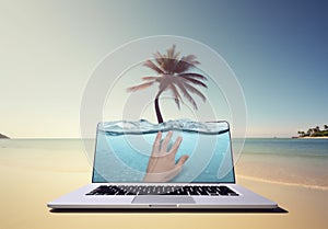 laptop travel tropical concept palm tree vacation computer beach summer. Generative AI.