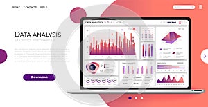 Laptop UI. Realistic mockup with infographic template, data visualization with diagrams bar and charts. Vector user