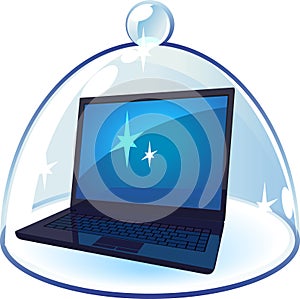 Laptop under blue bell-glass
