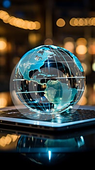 A laptop under a glass globe signifies a tech driven global business approach