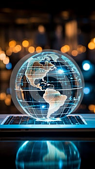 A laptop under a glass globe signifies a tech driven global business approach