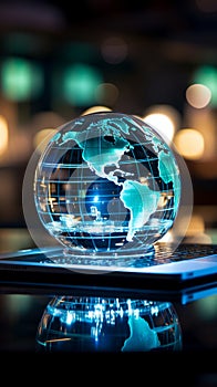 A laptop under a glass globe signifies a tech driven global business approach