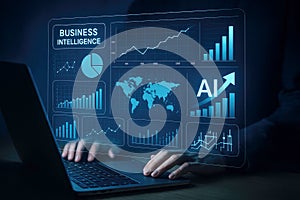 Laptop User Interacting with Business Intelligence Dashboard Featuring AI and World Map data analysis
