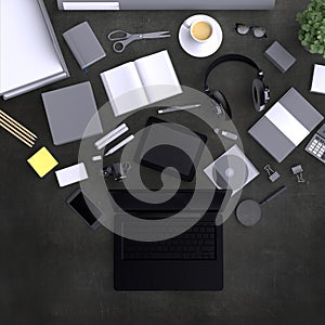 Laptop with variety blank office objects organized for company presentation or branding identity with blank modern devices.