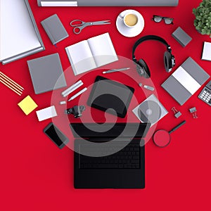 Laptop with variety blank office objects organized for company presentation or branding identity with blank modern devices.