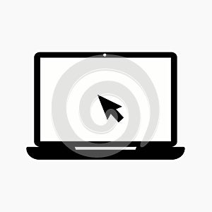 Laptop vector icon. Computer with click mouse pointer symbol isolated on white background.