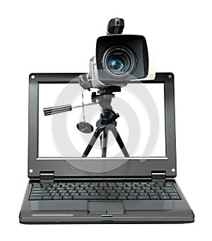 Laptop with video camera on tripod