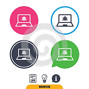 Laptop virus sign icon. Notebook software bug.