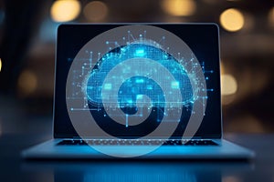 Laptop visualizing a digital cloud computing network with data transfer and connectivity elements