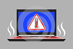 Laptop, warning sign with thermometer icon inside and hot steam