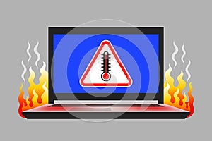 Laptop, warning triangular sign with thermometer icon inside and flame