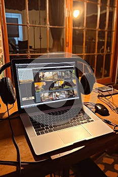 laptop with webinar on screen, headphones and notepad